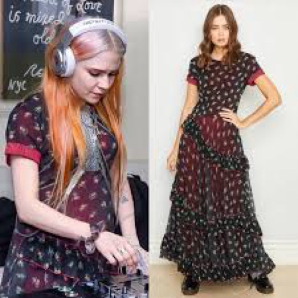 HAH Floral Ruffle-Tier Maxi Dress in Black with Pink Accents